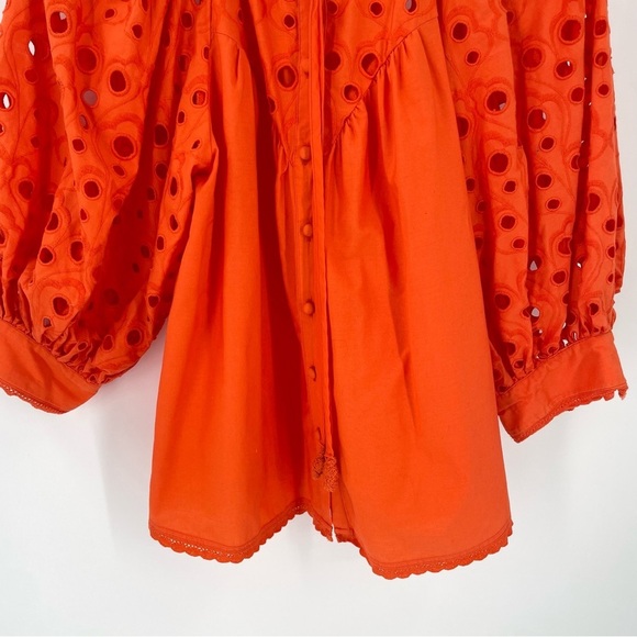 Anthropologie Chantal Eyelet Orange Puff Sleeve Button Down Crochet Tie Blouse - Picture 6 of 9